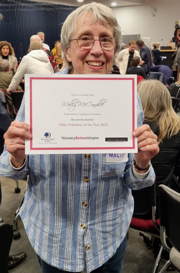Molly McConville, the present administrator and organiser of Sunday Club and for many years past, was named Volunteer of the Year 2022 by Voluntary Action Islington
